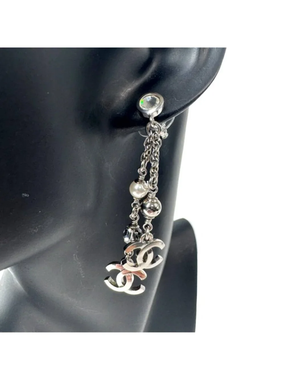 Chanel CC Logo Long Drop Earrings Light Stone Pearl